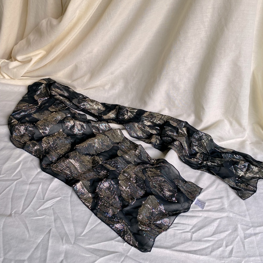 Lauren Liz Black Sheer Scarf With Gold Metallic & Color Leaves-60”